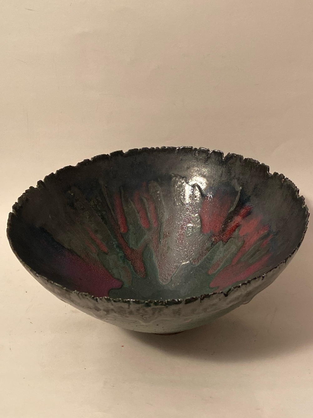 Raku Stoneware  Handcrafted Ceramic Art Bowl - Iridescent Glazed Green/Deep Red